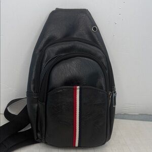 Black Leather Sling Bag with Red and White Stripe
